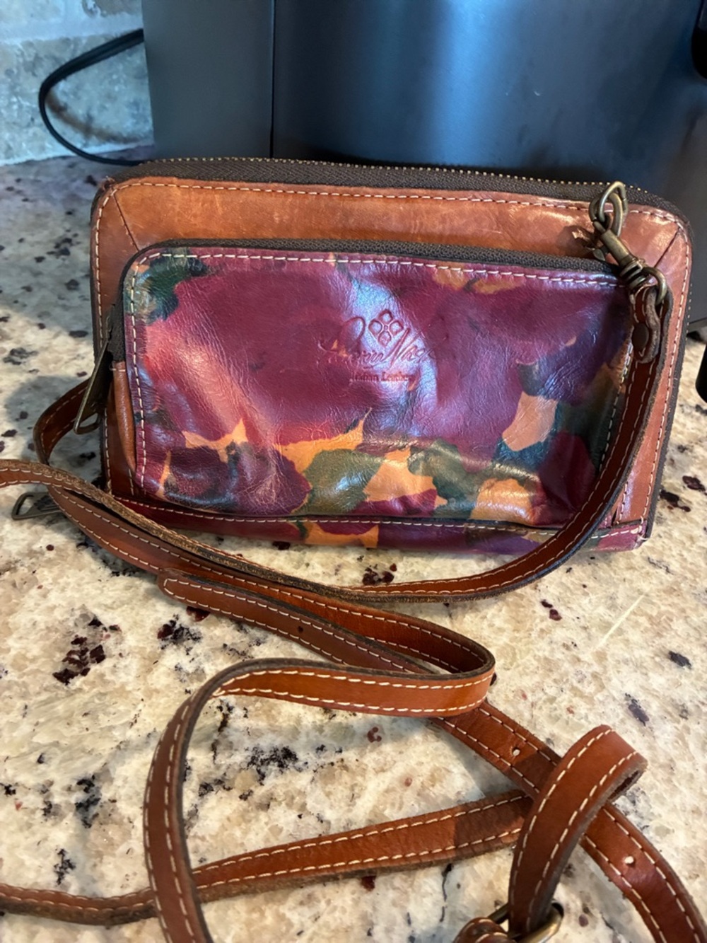 Patricia Nash Brown Leather Crossbody with Burgundy & Olive Accent